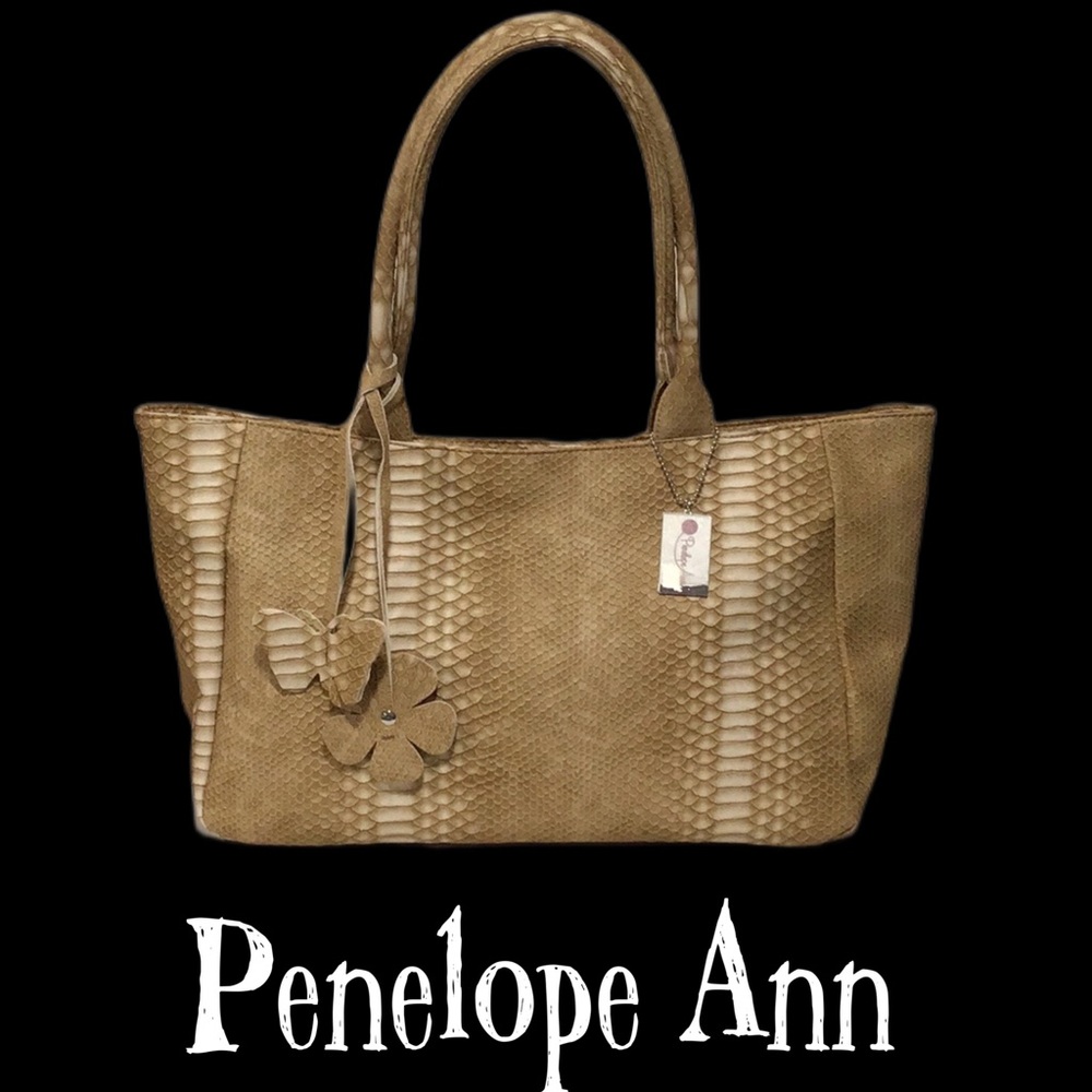 NEW Penelope Ann Sweet City Woman Faux Snakeskin Textured Tote, Tan‎